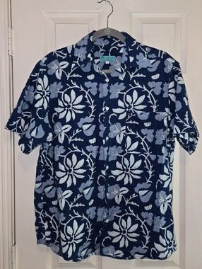 100% cotton NOLA Couture Men’s L Blue White Aloha Shirt USA Coastal Resort Camp
